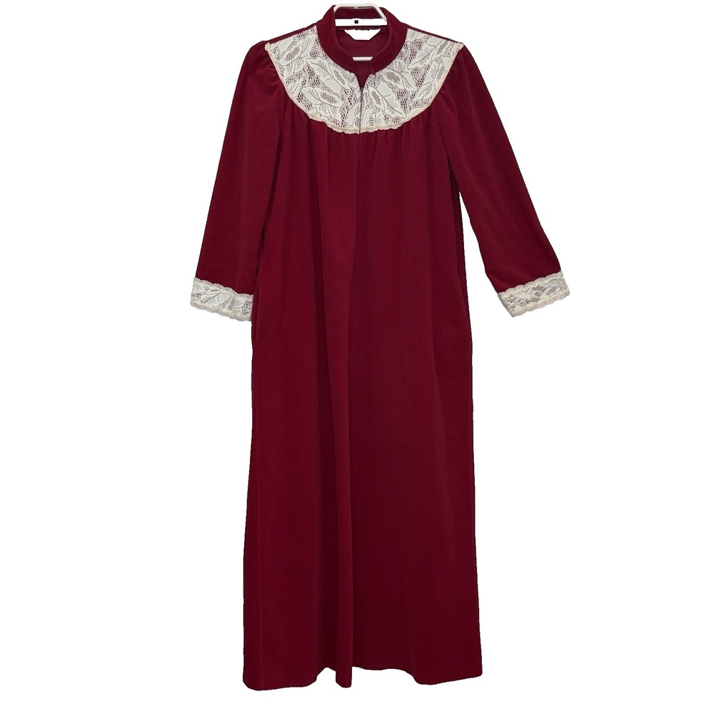 Vintage Vanity Fair House Coat Robe Sz Medium Dark Red 1/2 Zip Pockets USA Made